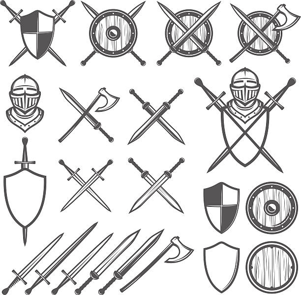 satz von mittelalterliche schwerter, schützt und design-elemente - schwert stock-grafiken, -clipart, -cartoons und -symbole