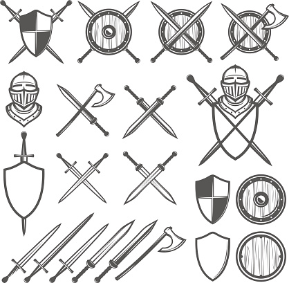 Set of medieval swords, shields and design elements.