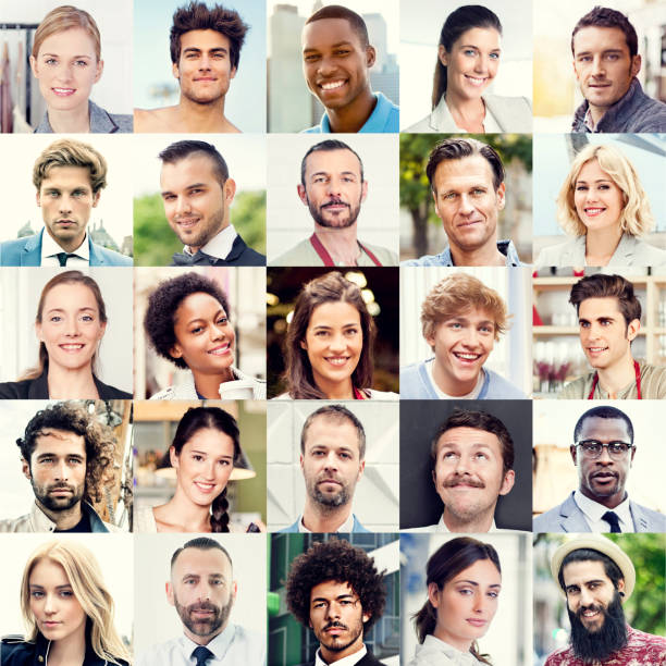 Outlay of 25 multiracial faces A grid of 25 headshots of smiling multi-ethnic people. face grid stock pictures, royalty-free photos & images