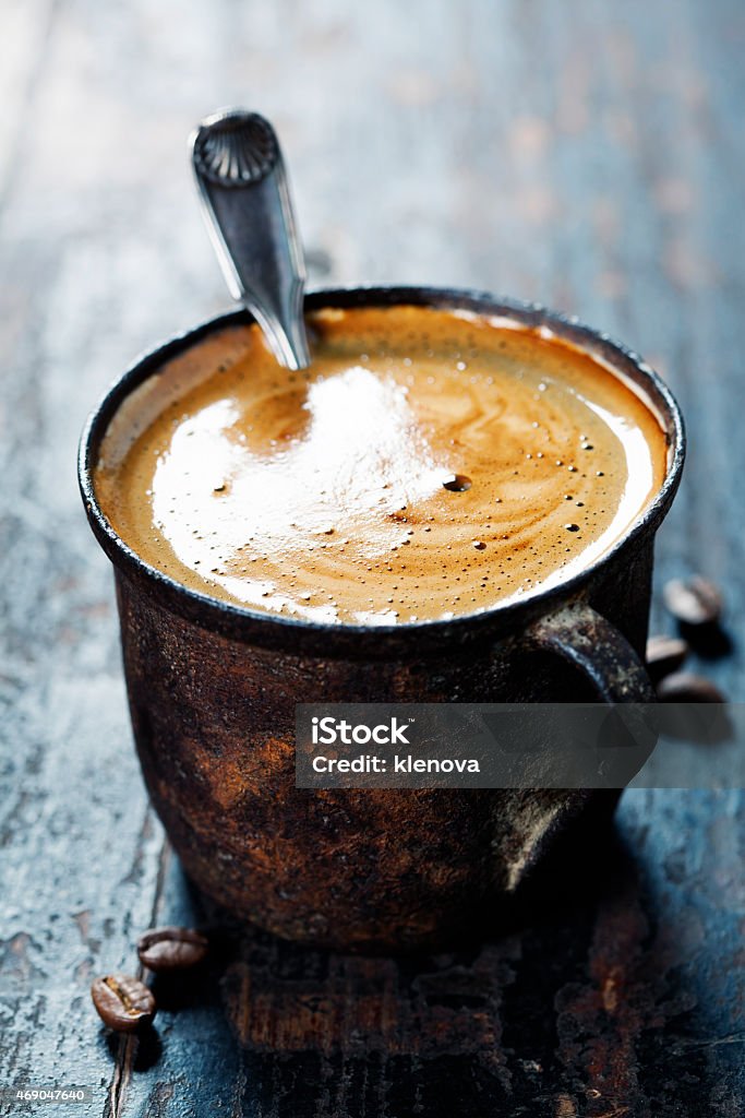 Vintage coffee Old coffee cup on dark rustic  background 2015 Stock Photo