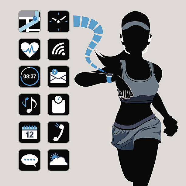 ilustraciones, imágenes clip art, dibujos animados e iconos de stock de reloj inteligente concepto de fitness mujer y los iconos - silhouette running cap hat