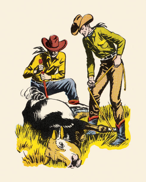 ilustrações, clipart, desenhos animados e ícones de cowboys marca um novilho - marcar a ferro quente