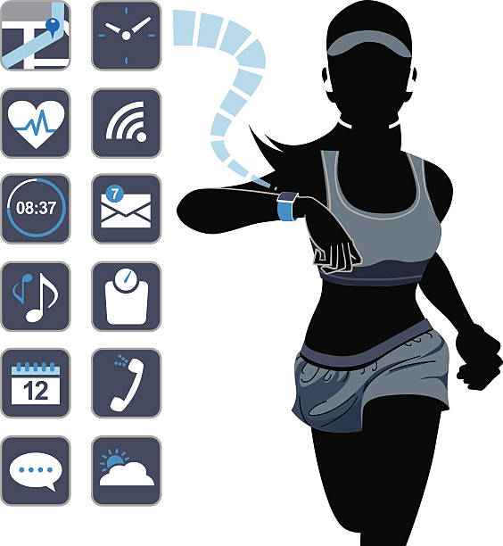 ilustraciones, imágenes clip art, dibujos animados e iconos de stock de smart dispositivo concepto de mujer de gimnasio - silhouette running cap hat