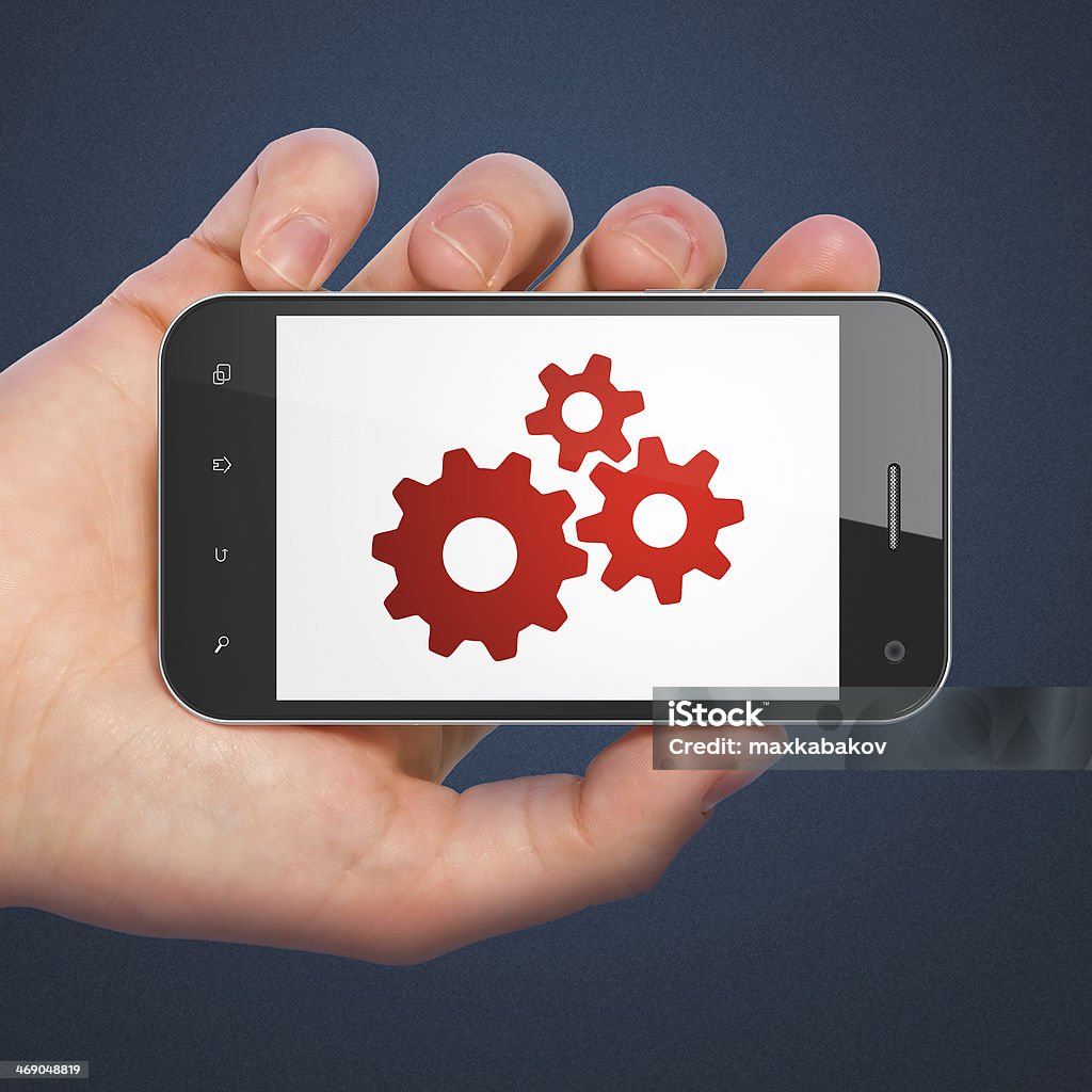 Web-Entwicklung-Konzept: Getriebe auf dem smartphone - Lizenzfrei Arbeiten Stock-Foto