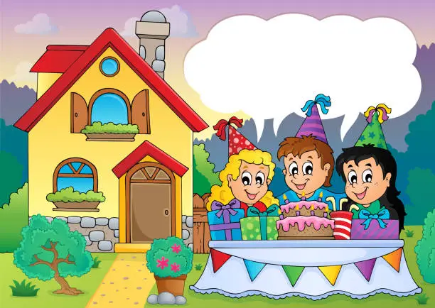 Vector illustration of Kids party near house 4