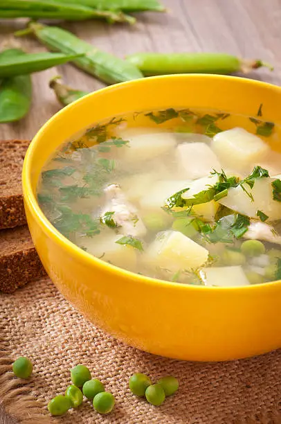 Chicken soup with green peas