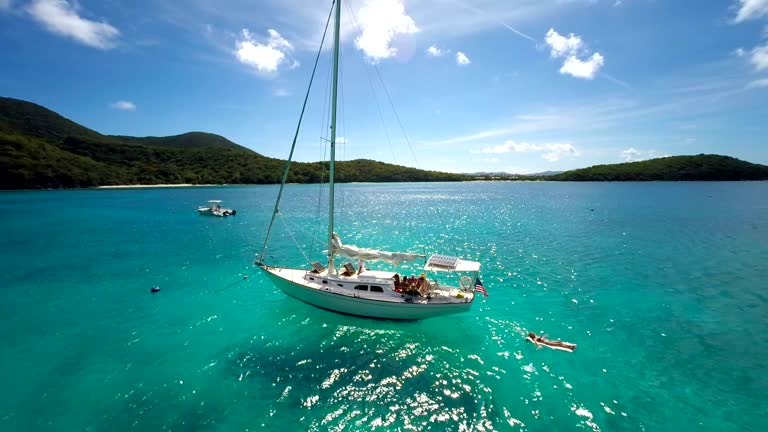 aerial video of people relaxing on sailboat in the Caribbean