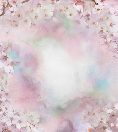 Cherry blossom flower oil painting ,vintage floral composition in soft color and blur style background