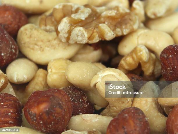 Image Of Healthy Mixed Nuts Almonds Cashews Hazelnuts Walnuts Fibre Stock Photo - Download Image Now