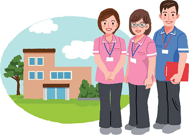 Smiling caregivers with nursing house background vector art illustration
