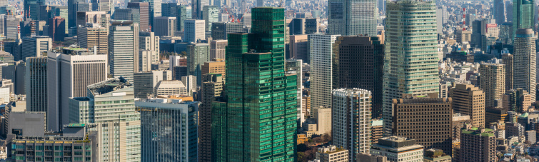 Gleaming glass skyscrapers and towering office buildings crowded into a futuristic commercial cityscape in downtown Tokyo, Japan's vibrant capital city. ProPhoto RGB profile for maximum color fidelity and gamut.