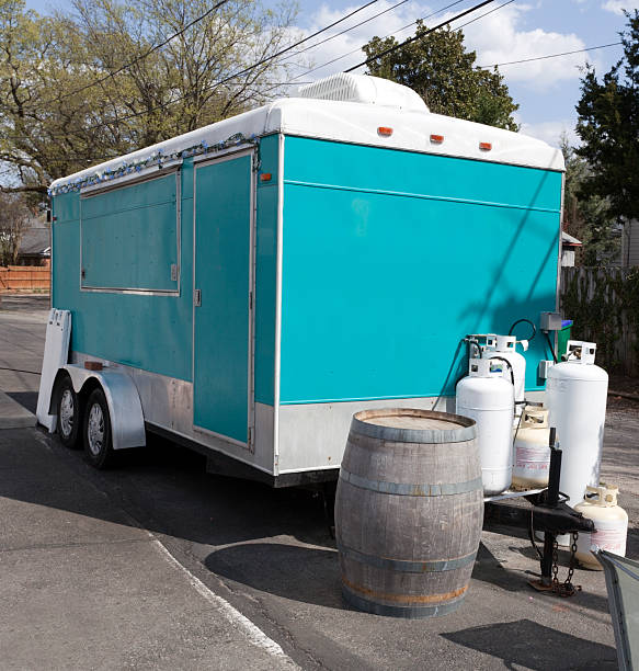 Closed food tuck trailer parked in neighborhood parking lot. The trailer is turquoise blue with a white top. We can see the rear and the front of the truck. A wooden barrel and several propane tanks are at the rear. Trees and blue sky make up the background. Horizontal.