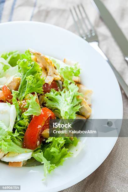 Caesar Salad With Chicken Cherry Tomatoes Lettuce Stock Photo - Download Image Now