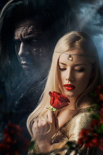 Beauty and the Beast Beautiful woman and man with a scar vampire woman stock pictures, royalty-free photos & images