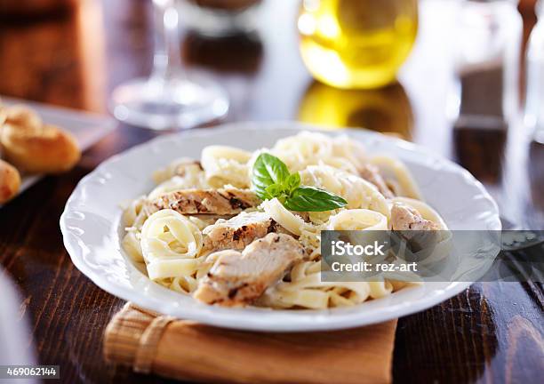 Grilled Chicken With Fettuccine Alfredo Pasta Stock Photo - Download Image Now - Fettuccine Alfredo, Chicken Meat, Pasta