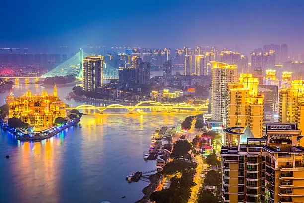 Fuzhou, China cityscape on the Min River.