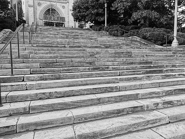 Photo of steps of the National Cathedral in Washington DC taken in black and white.  The National Cathedral is a well known landmark.