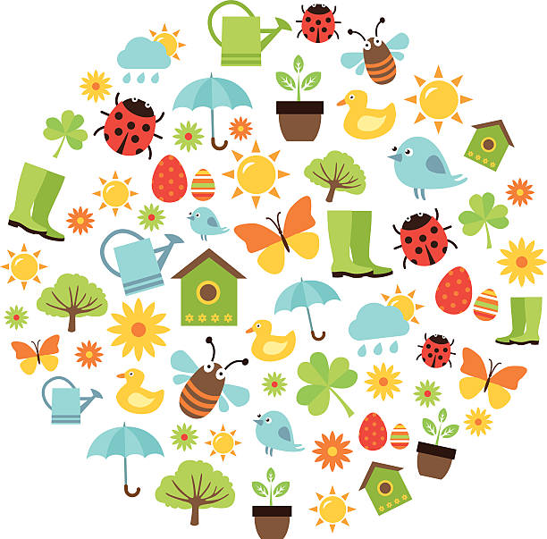 春の背景 - tree bird flower pattern点のイラスト素材／クリップアート素材／マンガ素材／アイコン素材