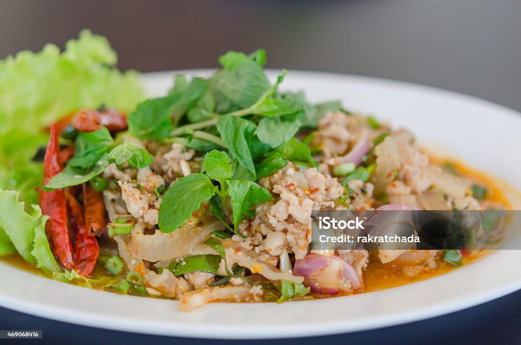 spicy minced pork spicy minced pork eaten with fresh vegetable on plate , asian food 2015 Stock Photo