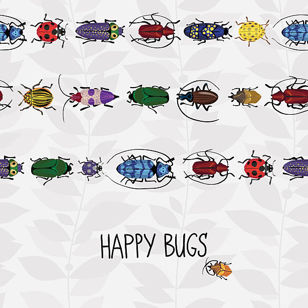 Seamless border with colorful bugs. Seamless border with colorful bugs and place for text. Bright vector drawing of small beetles. Insect on the background with gray leaves. Cartoon bug wallpaper. ladybug frame border clip art stock illustrations