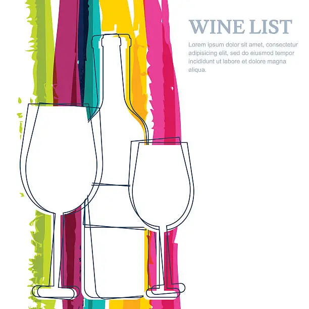 Vector illustration of Wine bottle, glass silhouette and rainbow stripes watercolor vector background.