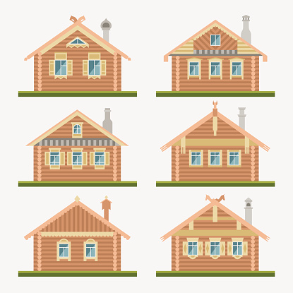Set of vector flat style facades of old russian log houses.Ancient  huts architectural symbols and design elements.Detailed collection for product promotion and advertising isolated on grey background