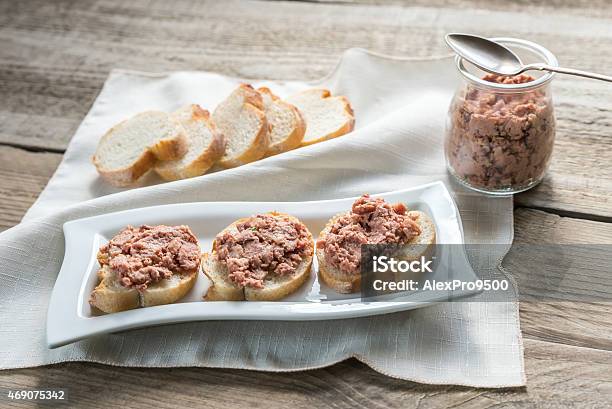 Sandwiches With Pate On The Wooden Board Stock Photo - Download Image Now - 2015, Appetizer, Baguette