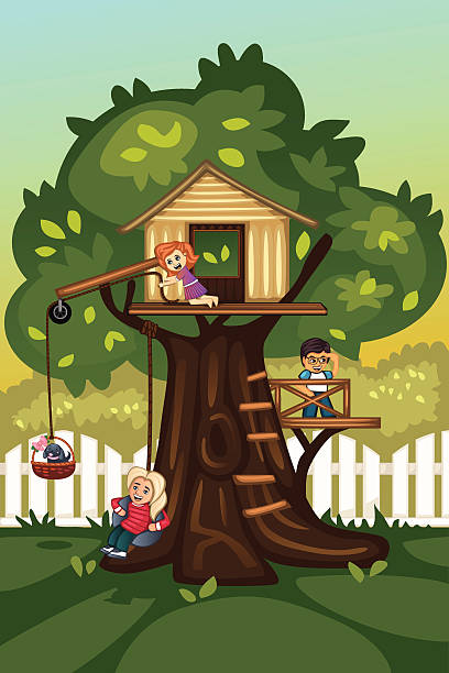 Kids playing in a tree house A vector illustration of kids playing in a tree house person sitting on fence stock illustrations