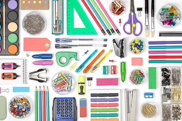 set of school tools on white background top view