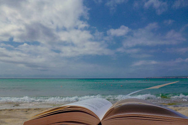 istock Open paperback book on the beach 469077517