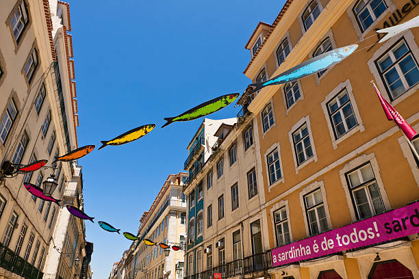 ruas decorado com sardinhas durante o festival de lisboa - santos populares imagens e fotografias de stock