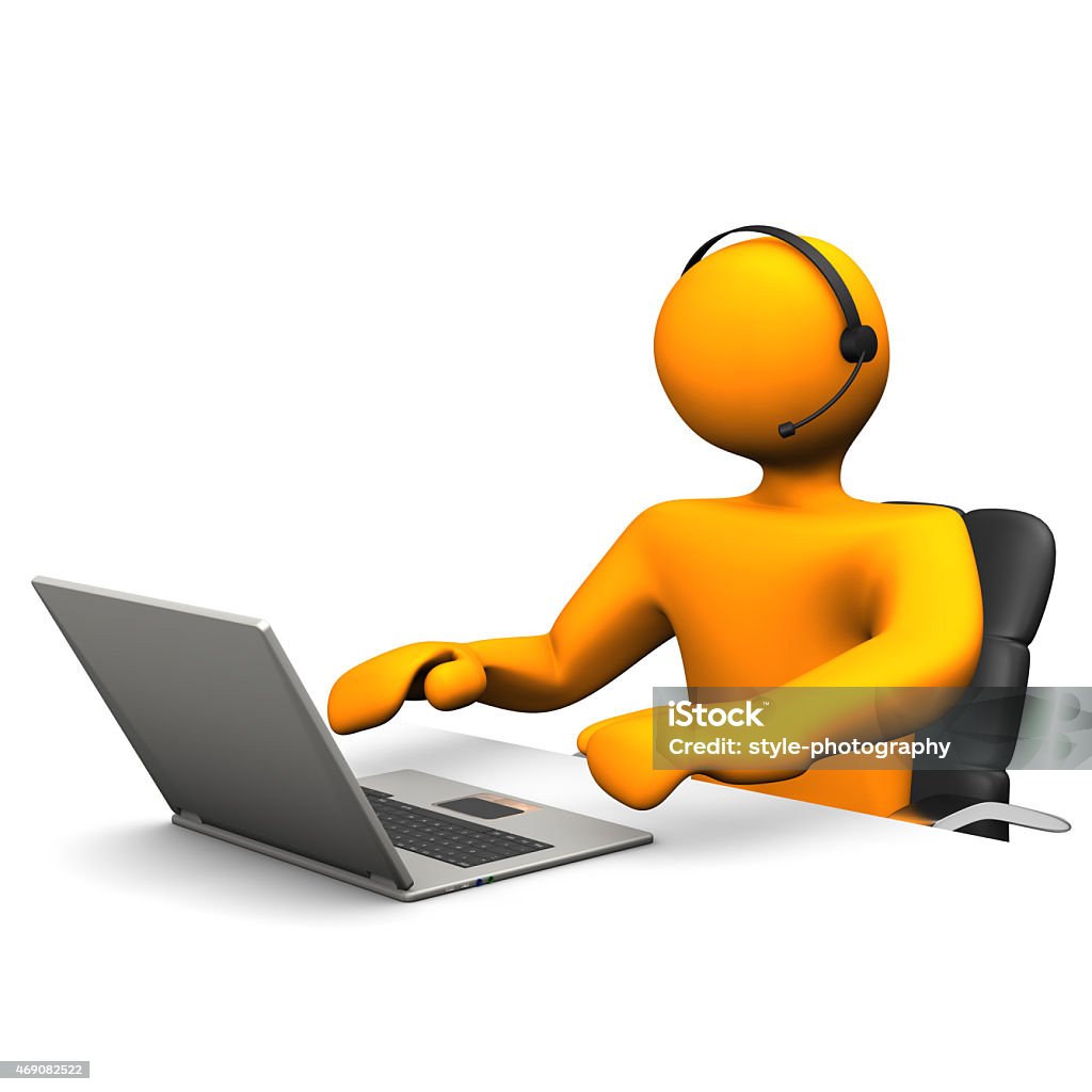 Support Orange cartoon character works in a callcenter. 2015 Stock Photo