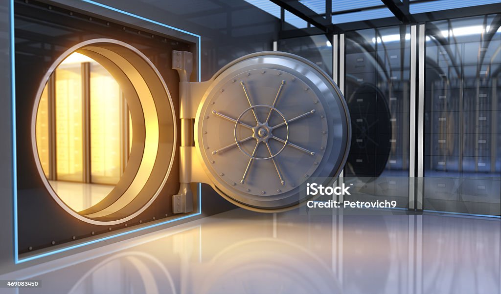 Gold in the Bank Rays from gold in the Bank Vaulted Door Stock Photo