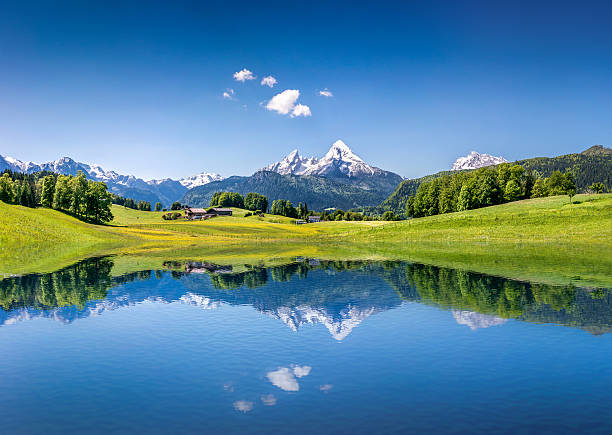 idilliaco paesaggio estivo con lago di montagna nelle alpi - european alps switzerland swiss culture mountain foto e immagini stock