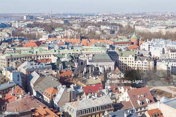 Aerial View Of Riga Old Centre Roofs Stock Photo - Download Image Now - 2015, Architecture, Bird