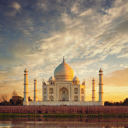 Taj Mahal, Agra, India in the lights of the sunset.