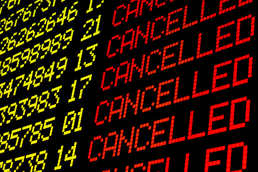 Cancelled flights on airport board