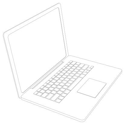 Drawing of wire-frame open laptop. Perspective view. Isolated 3d render on white background