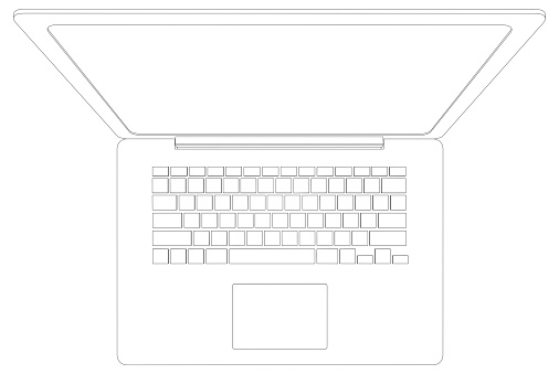 Drawing of wire-frame open laptop. Top view. Isolated 3d render on white background