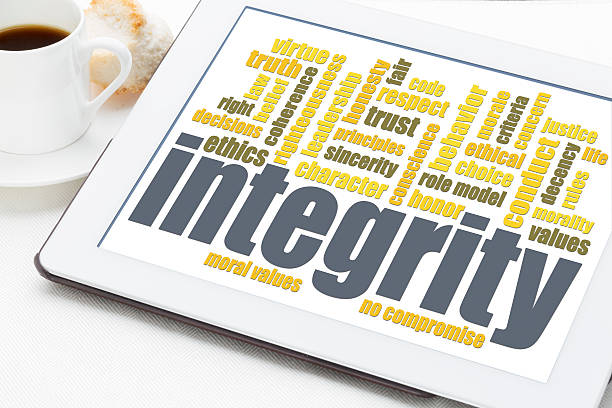 istock Gray and green integrity word cloud on digital tablet 469096946