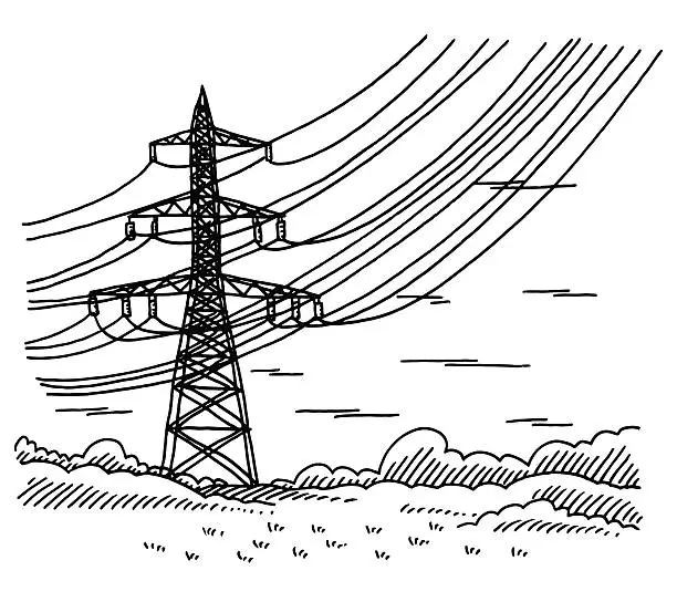 Vector illustration of Power Transmission Line Landscape Drawing