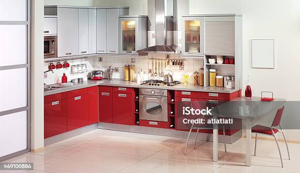 Modern Kitchen High Res Photograph Stock Photo - Download Image Now - Kitchen, Red, 2015