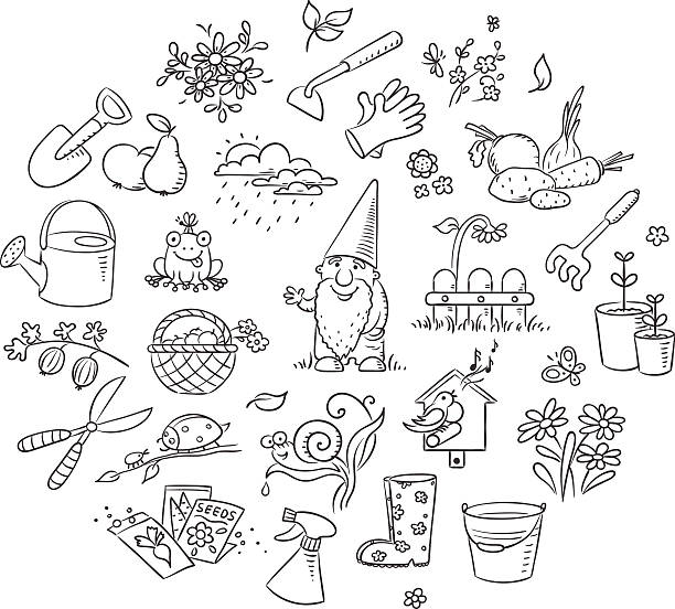 Cartoon Gardening Set, Black and White Set of cartoon gardening tools, plants and animals, fruit and vegetables, black and white outline cartoon of a frog black and white stock illustrations