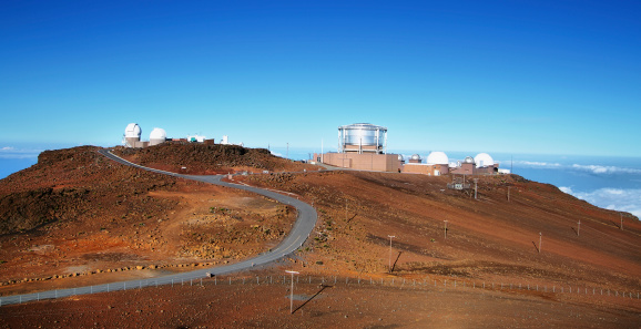 View of observatories from summit of Haleakala volcano in Maui island, Hawaii