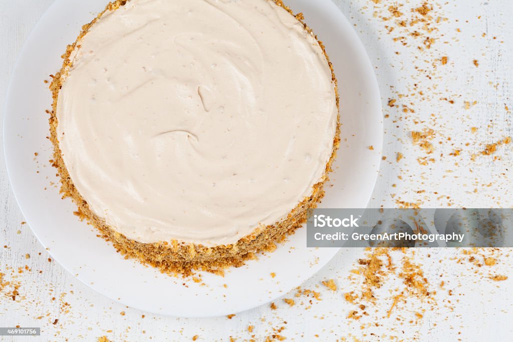 Delicious cheese cake with walnut and raisins on white background Delicious cheese cake with walnut and raisins on white plate background Textured Stock Photo