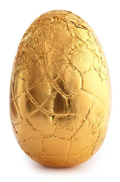 Foil covered chocolate egg over a white background