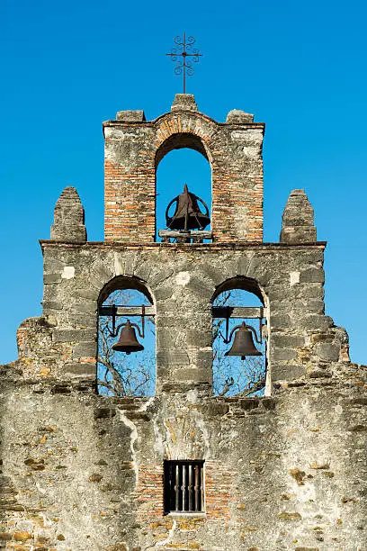 Bell towers of the Mission San Francisco de la Espada in San Antonio, Texas