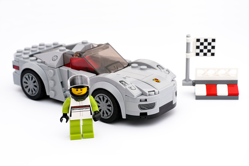 Tambov, Russian Federation - March 15, 2015: Porsche 918 Spyder by LEGO Speed Champions with driver on white background. Studio shot.