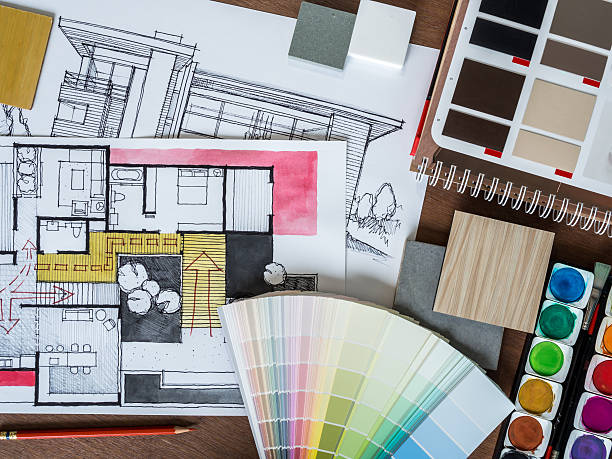 istock Top view of architecture hand-drawn sketch, material on creative workspace 469120216