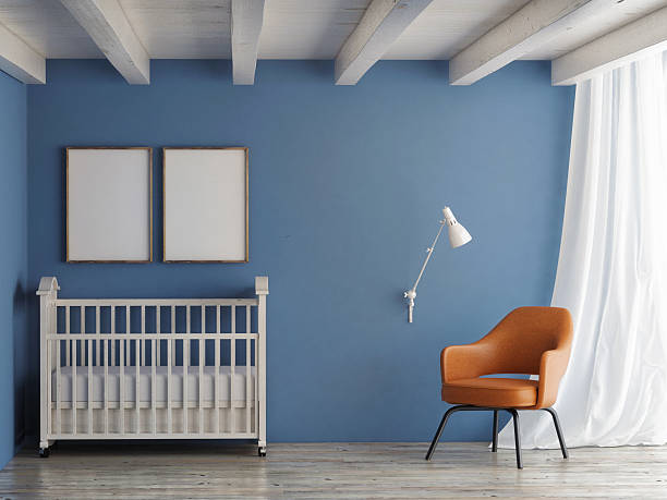 istock Baby room, mock up poster on blue wall, 3d illustration 469123864